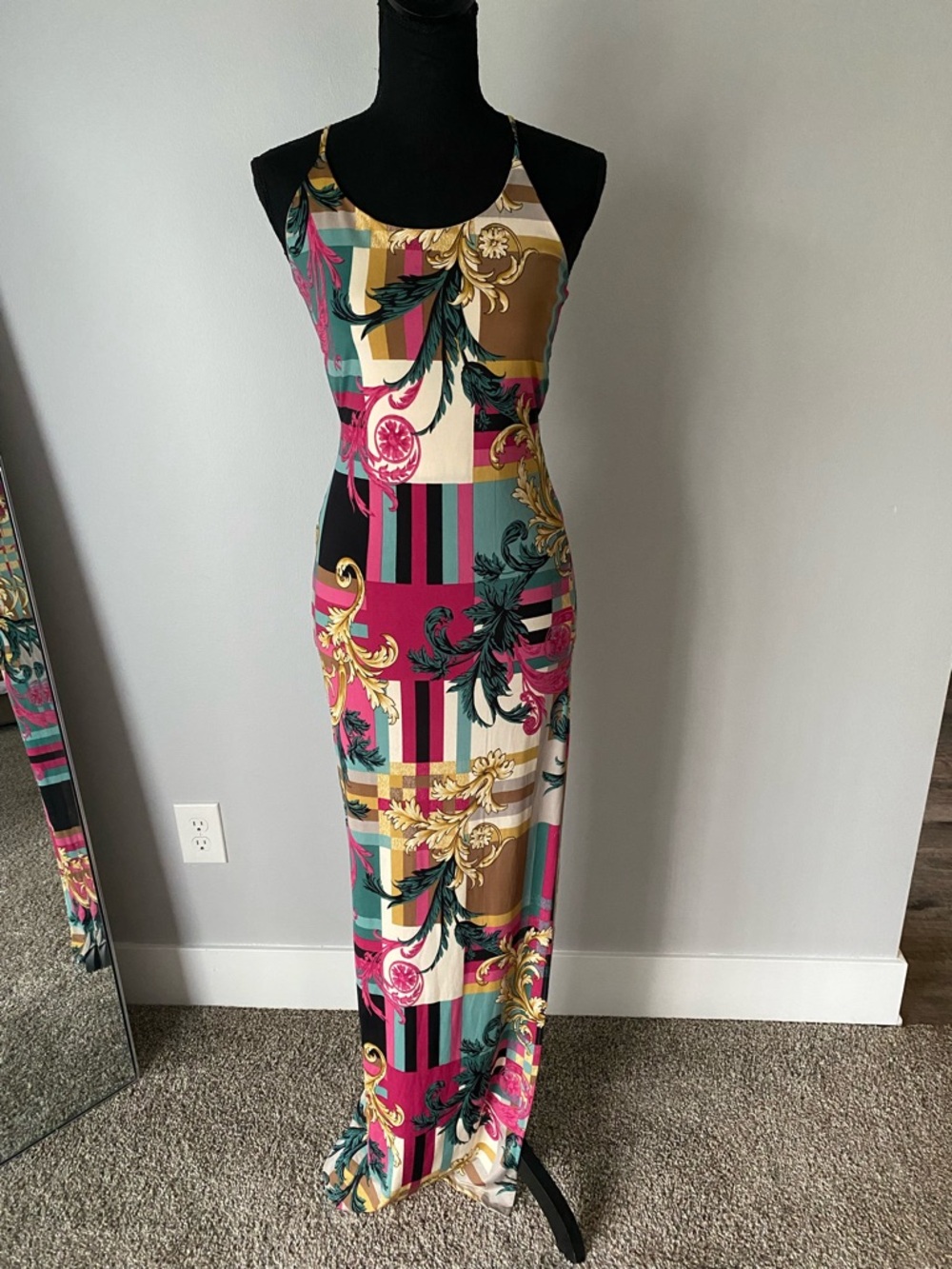 Printed Maxi Slip Dress in Pink, Teal & Gold